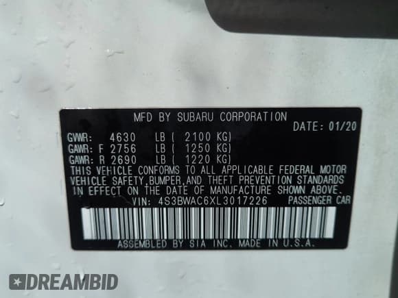 ✅ 2020 Subaru Legacy Premium • VIN: 4S3BWAC6XL3017226 • Lot: 50627745. Listed on Copart with 57,611 mi. Free auction sales archive from the USA and detailed vehicle history report at DreamBid. Image 12.