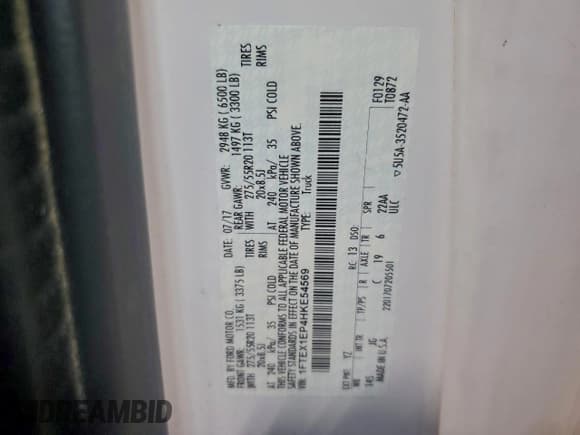 ✅ 2017 Ford F-150 XL • VIN: 1FTEX1EP4HKE54569 • Lot: 94091105. Listed on Copart with 56,284 mi. Free auction sales archive from the USA and detailed vehicle history report at DreamBid. Image 12.