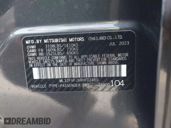 ✅ 2024 Mitsubishi Mirage SE • VIN: ML32FVFJXRHF02460 • Lot: 42224001. Listed on IAAI with 8,413 mi. Free auction sales archive from the USA and detailed vehicle history report at DreamBid. Image 9.