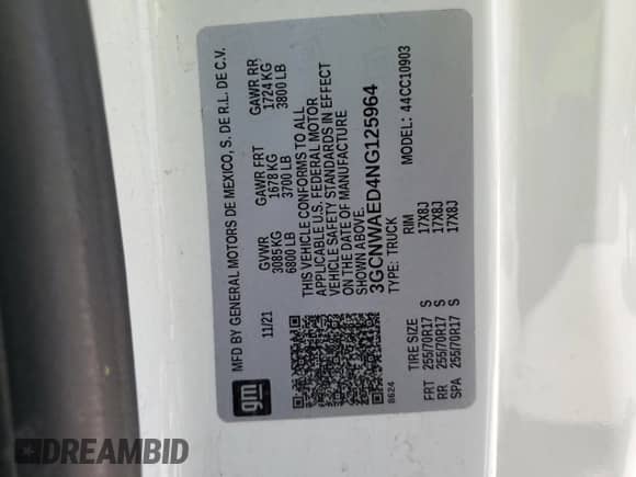 2022 Chevrolet Silverado 1500 Work Truck z VIN 3GCNWAED4NG125964, wystawiony jako Copart lot #66000584 z przebiegiem 84 000 mil mil oraz Nie do naprawy • Non repairable. Historia ofert i sprzedaży dostępna na DreamBid. Obrazek 14.