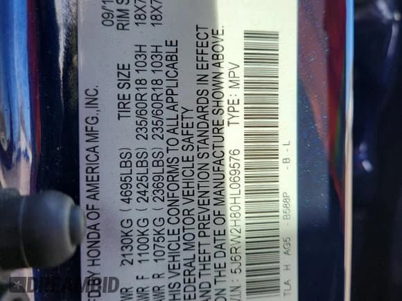 ✅ 2017 Honda CR-V EX-L • VIN: 5J6RW2H80HL069576 • Lot: 82554115. Listed on Copart with 59,124 mi. Free auction sales archive from the USA and detailed vehicle history report at DreamBid. Image 13.