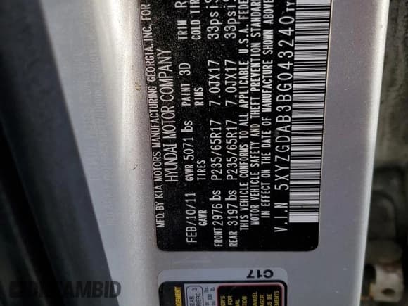 ✅ 2011 Hyundai Santa Fe GLS • VIN: 5XYZGDAB3BG043240 • Лот: 91966015. Опубликован ранее на Copart с пробегом 159 139 миль. Бесплатный доступ к архиву аукционных продаж из США и подробный отчёт об истории автомобиля на DreamBid. Изображение 13.