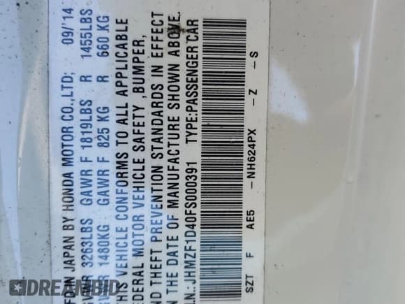 ✅ 2015 Honda CR-Z • VIN: JHMZF1D40FS000391 • Lot: 91074005. Listed on Copart with 86,487 mi. Free auction sales archive from the USA and detailed vehicle history report at DreamBid. Image 12.