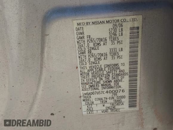 ✅ 2007 Nissan Frontier SE • VIN: 1N6AD07U57C400076 • Lot: 43886347. Listed on IAAI with 169,458 mi. Free auction sales archive from the USA and detailed vehicle history report at DreamBid. Image 9.