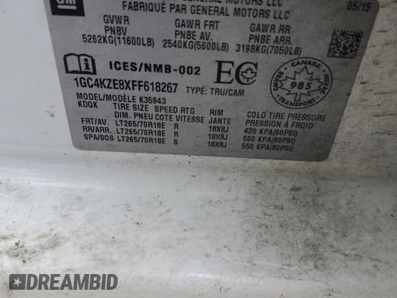 2015 Chevrolet Silverado 3500HD LT с VIN 1GC4KZE8XFF618267, выставлен на аукционе Copart как лот 87687325 с пробегом 156 087 миль миль и На запчасти • Non repairable. История ставок и продаж доступна на DreamBid. Изображение 13.