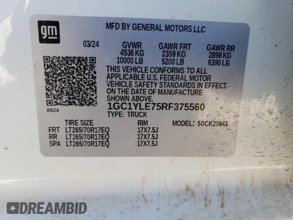 ✅ 2024 Chevrolet Silverado 2500HD Work Truck • VIN: 1GC1YLE75RF375560 • Лот: 48285975. Опубликован ранее на Copart с пробегом Не указан. Бесплатный доступ к архиву аукционных продаж из США и подробный отчёт об истории автомобиля на DreamBid. Изображение 13.