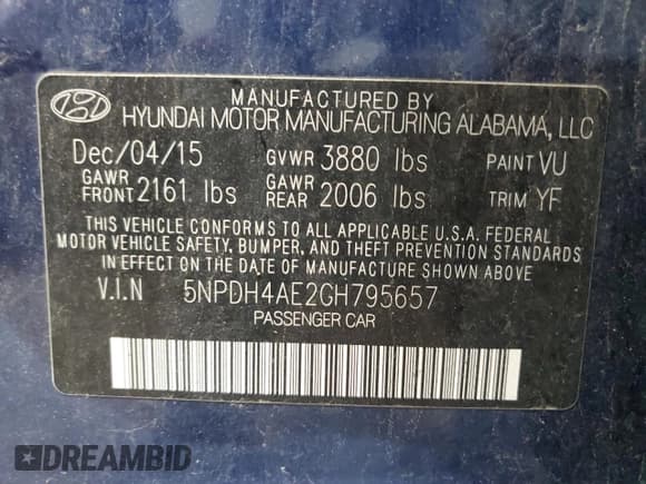 ✅ 2016 Hyundai Elantra SE • VIN: 5NPDH4AE2GH795657 • Lot: 90302195. Listed on Copart with 65,553 mi. Free auction sales archive from the USA and detailed vehicle history report at DreamBid. Image 12.