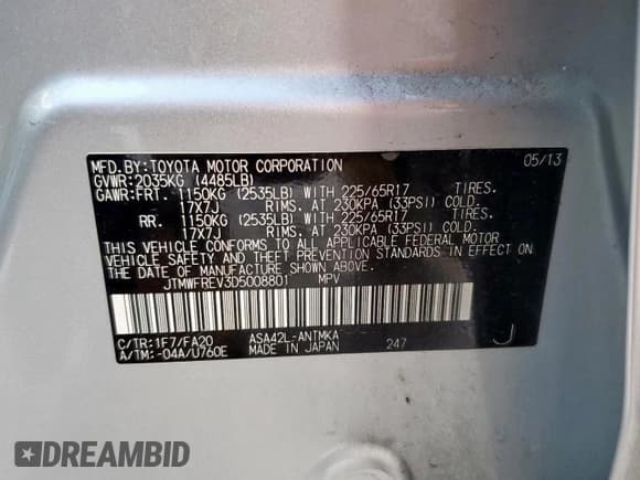 ✅ 2013 Toyota RAV4 XLE • VIN: JTMWFREV3D5008801 • Lot: 91834045. Listed on Copart with 137,130 mi. Free auction sales archive from the USA and detailed vehicle history report at DreamBid. Image 14.