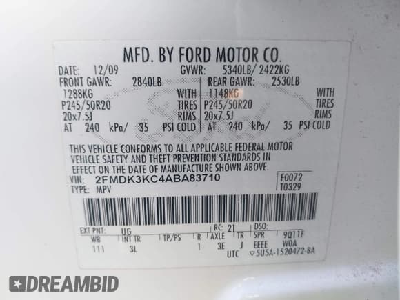 ✅ 2010 Ford Edge Limited • VIN: 2FMDK3KC4ABA83710 • Лот: 43645092. Опубликован ранее на IAAI с пробегом 149 571 миль. Бесплатный доступ к архиву аукционных продаж из США и подробный отчёт об истории автомобиля на DreamBid. Изображение 9.