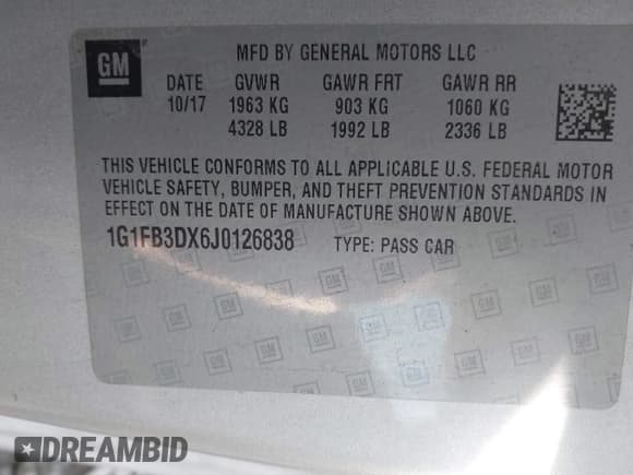 ✅ 2018 Chevrolet Camaro 1LT • VIN: 1G1FB3DX6J0126838 • Lot: 41682004. Listed on IAAI with 65,957 mi. Free auction sales archive from the USA and detailed vehicle history report at DreamBid. Image 9.