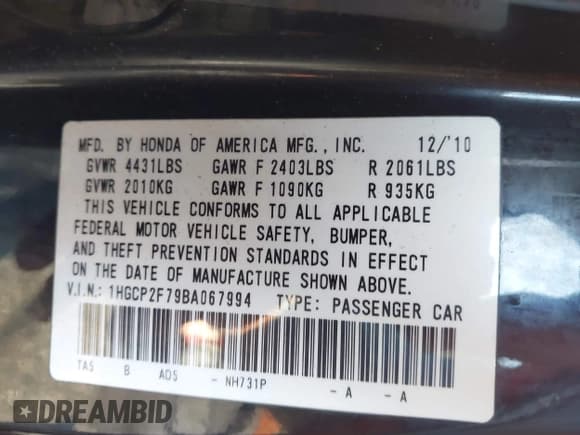 ✅ 2011 Honda Accord EX • VIN: 1HGCP2F79BA067994 • Лот: 43580523. Опубликован ранее на IAAI с пробегом 148 722 миль. Бесплатный доступ к архиву аукционных продаж из США и подробный отчёт об истории автомобиля на DreamBid. Изображение 9.