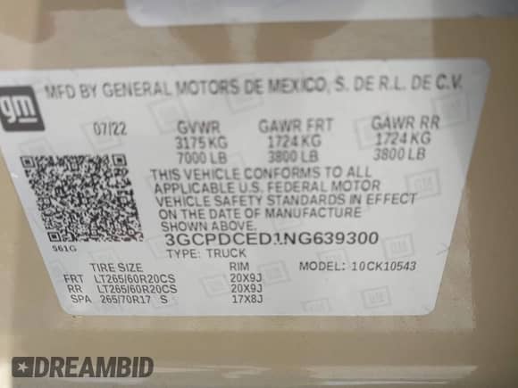 2022 Chevrolet Silverado 1500 Custom Trail Boss with VIN 3GCPDCED1NG639300, listed as a IAAI auction lot 42308253 with 13,799 mi miles and . Bid and sale history available at DreamBid. Image 9.