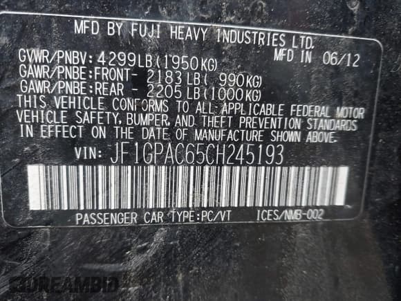 ✅ 2012 Subaru Impreza Premium • VIN: JF1GPAC65CH245193 • Lot: 42204378. Listed on IAAI with 197,832 mi. Free auction sales archive from the USA and detailed vehicle history report at DreamBid. Image 9.