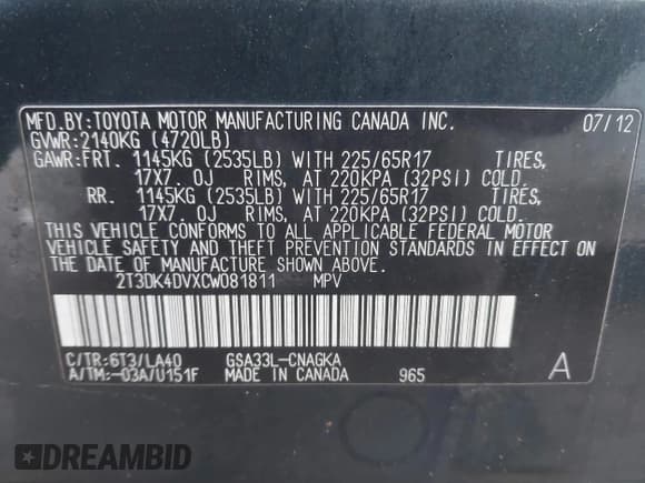 ✅ 2012 Toyota RAV4 Limited • VIN: 2T3DK4DVXCW081811 • Lot: 41853754. Listed on IAAI with 162,934 mi. Free auction sales archive from the USA and detailed vehicle history report at DreamBid. Image 9.