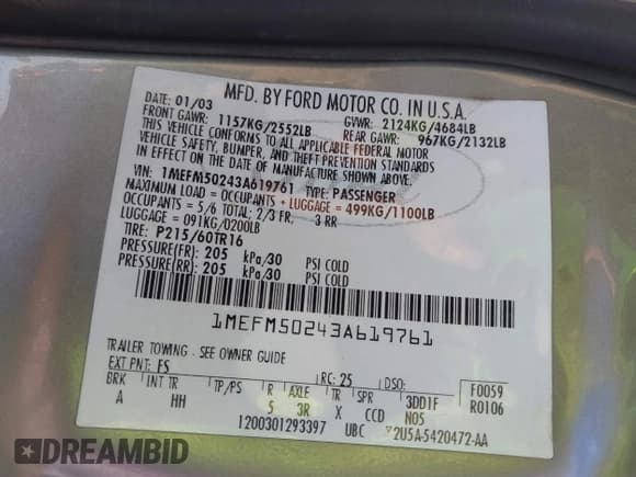 ✅ 2003 Mercury Sable GS • VIN: 1MEFM50243A619761 • Lot: 41790150. Listed on IAAI with 114,522 mi. Free auction sales archive from the USA and detailed vehicle history report at DreamBid. Image 9.