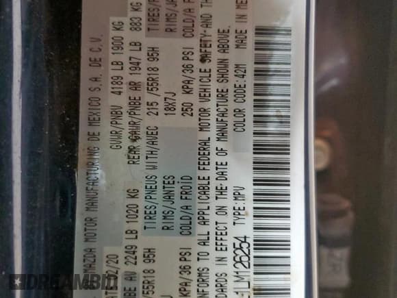 ✅ 2020 Mazda CX-30 Preferred • VIN: 3MVDMADL1LM126254 • Lot: 65392565. Listed on Copart with 64,496 mi. Free auction sales archive from the USA and detailed vehicle history report at DreamBid. Image 13.