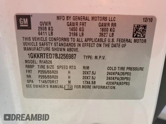 ✅ 2011 GMC Acadia Denali • VIN: 1GKKRTED7BJ256987 • Лот: 70142255. Опубликован ранее на Copart с пробегом 167 417 миль. Бесплатный доступ к архиву аукционных продаж из США и подробный отчёт об истории автомобиля на DreamBid. Изображение 13.