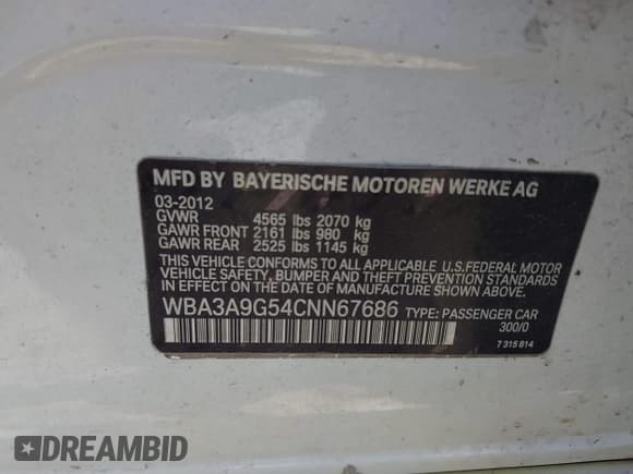 ✅ 2012 BMW 3 Series 335i • VIN: WBA3A9G54CNN67686 • Лот: 42106853. Опубликован ранее на IAAI с пробегом 141 368 миль. Бесплатный доступ к архиву аукционных продаж из США и подробный отчёт об истории автомобиля на DreamBid. Изображение 9.