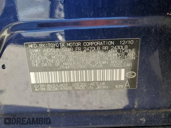 ✅ 2011 Lexus IS 250 • VIN: JTHBF5C29B5139548 • Lot: 91029975. Listed on Copart with 135,531 mi. Free auction sales archive from the USA and detailed vehicle history report at DreamBid. Image 12.