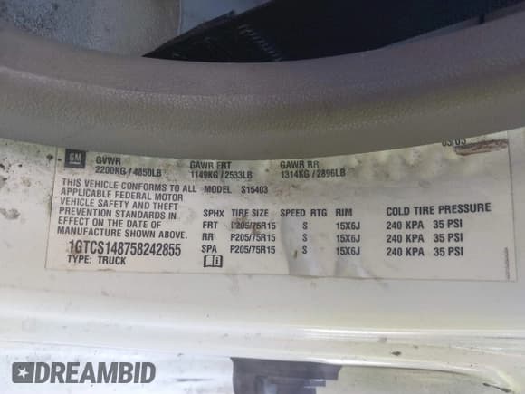 ✅ 2005 GMC Canyon SL Z85 • VIN: 1GTCS148758242855 • Lot: 39201955. Listed on IAAI with 78,741 mi. Free auction sales archive from the USA and detailed vehicle history report at DreamBid. Image 9.