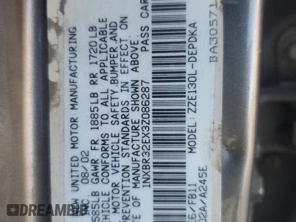 ✅ 2003 Toyota Corolla CE • VIN: 1NXBR32EX3Z086287 • Lot: 87420375. Wystawiony na Copart z przebiegiem 196 392 mil. Bezpłatny archiwum sprzedaży aukcyjnych z USA i szczegółowy raport historii pojazdu na DreamBid. Zdjęcie 12.