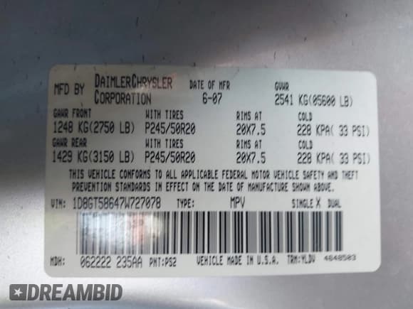 ✅ 2007 Dodge Nitro R/T • VIN: 1D8GT58647W727078 • Lot: 43650970. Listed on IAAI with Not provided. Free auction sales archive from the USA and detailed vehicle history report at DreamBid. Image 9.