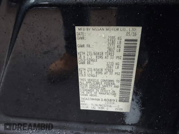 2016 Nissan Murano SV with VIN 5N1AZ2MH4GN140891, listed as a IAAI auction lot 41565721 with 107,307 mi miles and . Bid and sale history available at DreamBid. Image 9.