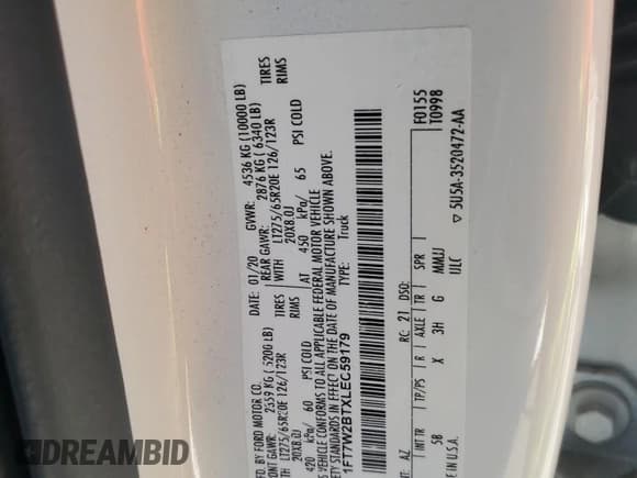 ✅ 2020 Ford F-250 Lariat • VIN: 1FT7W2BTXLEC59179 • Lot: 91081395. Wystawiony na Copart z przebiegiem 148 713 mil. Bezpłatny archiwum sprzedaży aukcyjnych z USA i szczegółowy raport historii pojazdu na DreamBid. Zdjęcie 12.