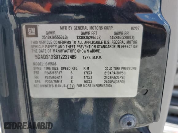 ✅ 2007 Buick Rainier CXL • VIN: 5GADS13S972227489 • Lot: 66558505. Listed on Copart with 177,888 mi. Free auction sales archive from the USA and detailed vehicle history report at DreamBid. Image 13.