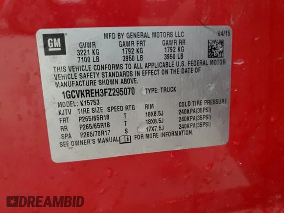 ✅ 2015 Chevrolet Silverado 1500 LT • VIN: 1GCVKREH3FZ295070 • Lot: 83869025. Listed on Copart with 187,238 mi. Free auction sales archive from the USA and detailed vehicle history report at DreamBid. Image 12.