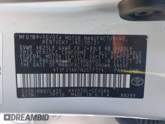 2022 Toyota Camry Hybrid XLE with VIN 4T1F31AK7NU577174, listed as a IAAI auction lot 43380544 with 18,910 mi miles and . Bid and sale history available at DreamBid. Image 9.