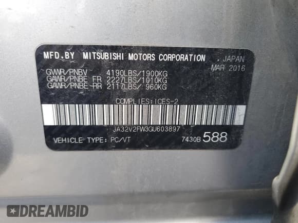 ✅ 2016 Mitsubishi Lancer SE • VIN: JA32V2FW3GU603897 • Lot: 84726965. Listed on Copart with 122,707 mi. Free auction sales archive from the USA and detailed vehicle history report at DreamBid. Image 13.