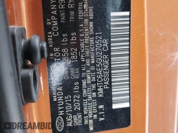 ✅ 2016 Hyundai Veloster Turbo • VIN: KMHTC6AE5GU270521 • Lot: 83511334. Listed on Copart with 197,171 mi. Free auction sales archive from the USA and detailed vehicle history report at DreamBid. Image 12.