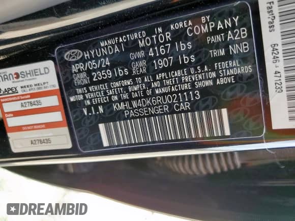 ✅ 2024 Hyundai Elantra • VIN: KMHLW4DK6RU021113 • Lot: 65016915. Listed on Copart with 13,819 mi miles. Access the free auction sales archive from the USA and view a detailed vehicle history report at DreamBid. Image 13.