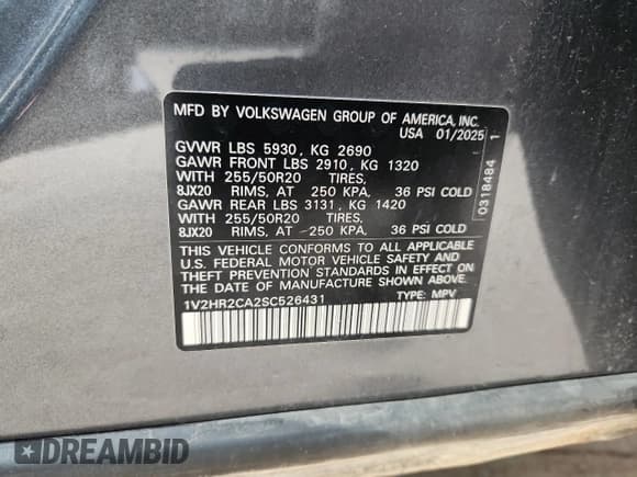 ✅ 2025 Volkswagen Atlas SE • VIN: 1V2HR2CA2SC526431 • Lot: 83835955. Wystawiony na Copart z przebiegiem 15 027 mil. Bezpłatny archiwum sprzedaży aukcyjnych z USA i szczegółowy raport historii pojazdu na DreamBid. Zdjęcie 12.