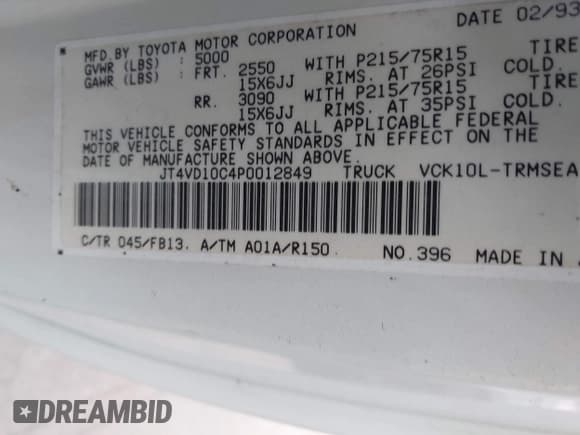 ✅ 1993 Toyota T100 • VIN: JT4VD10C4P0012849 • Lot: 41914585. Listed on IAAI with 215,625 mi. Free auction sales archive from the USA and detailed vehicle history report at DreamBid. Image 9.