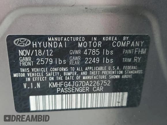 ✅ 2013 Hyundai Azera • VIN: KMHFG4JG7DA226752 • Лот: 65607325. Опубликован ранее на Copart с пробегом Не указан. Бесплатный доступ к архиву аукционных продаж из США и подробный отчёт об истории автомобиля на DreamBid. Изображение 12.
