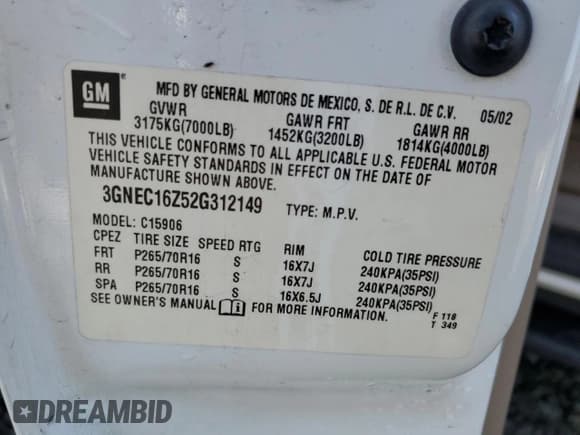 ✅ 2002 Chevrolet Suburban LS • VIN: 3GNEC16Z52G312149 • Лот: 43141635. Опубликован ранее на Copart с пробегом 273 544 миль. Бесплатный доступ к архиву аукционных продаж из США и подробный отчёт об истории автомобиля на DreamBid. Изображение 13.