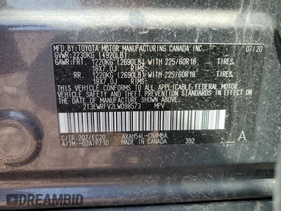 ✅ 2020 Toyota RAV4 Hybrid XSE • VIN: 2T3EWRFV2LW098573 • Lot: 62209075. Listed on Copart with 45,113 mi. Free auction sales archive from the USA and detailed vehicle history report at DreamBid. Image 13.