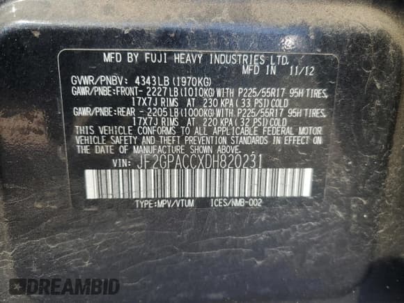 ✅ 2013 Subaru Crosstrek Premium • VIN: JF2GPACCXDH820231 • Lot: 90234945. Listed on Copart with 109,793 mi. Free auction sales archive from the USA and detailed vehicle history report at DreamBid. Image 12.