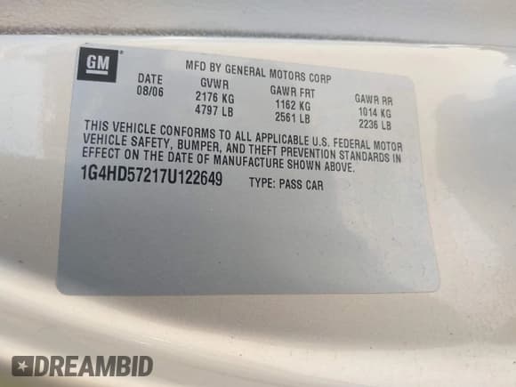 ✅ 2007 Buick Lucerne CXL • VIN: 1G4HD57217U122649 • Lot: 42772744. Listed on IAAI with 122,017 mi. Free auction sales archive from the USA and detailed vehicle history report at DreamBid. Image 9.