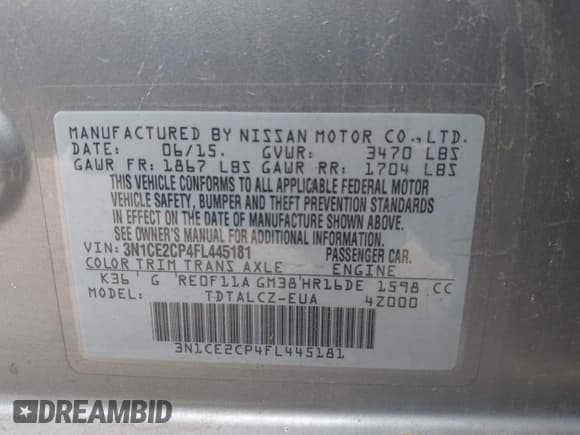 ✅ 2015 Nissan Note S • VIN: 3N1CE2CP4FL445181 • Lot: 43518523. Wystawiony na IAAI z przebiegiem 177 637 mil. Bezpłatny archiwum sprzedaży aukcyjnych z USA i szczegółowy raport historii pojazdu na DreamBid. Zdjęcie 9.