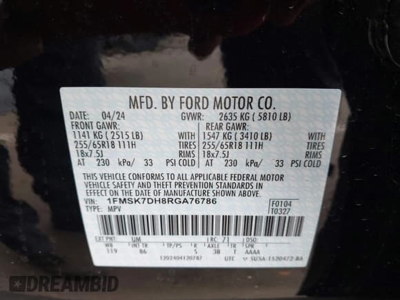 ✅ 2024 Ford Explorer XLT • VIN: 1FMSK7DH8RGA76786 • Lot: 42203743. Wystawiony na IAAI z przebiegiem 23 926 mil. Bezpłatny archiwum sprzedaży aukcyjnych z USA i szczegółowy raport historii pojazdu na DreamBid. Zdjęcie 9.