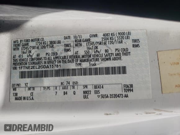 ✅ 2012 Ford Econoline Cargo Recreational • VIN: 1FTNE2EL2CDA15781 • Lot: 66096715. Wystawiony na Copart z przebiegiem Nie podano. Bezpłatny archiwum sprzedaży aukcyjnych z USA i szczegółowy raport historii pojazdu na DreamBid. Zdjęcie 12.