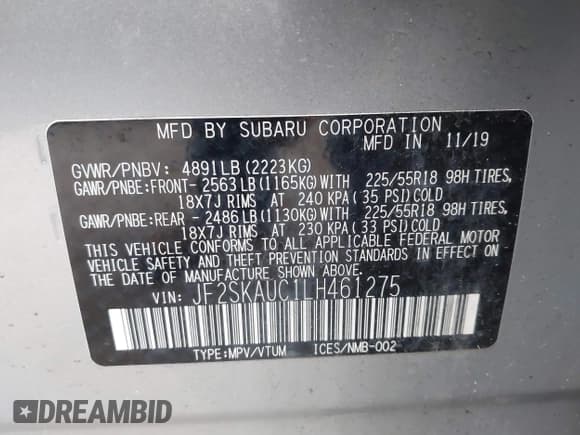 ✅ 2020 Subaru Forester Limited • VIN: JF2SKAUC1LH461275 • Лот: 43767162. Опубликован ранее на IAAI с пробегом 59 230 миль. Бесплатный доступ к архиву аукционных продаж из США и подробный отчёт об истории автомобиля на DreamBid. Изображение 9.