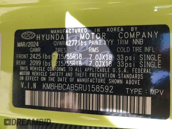 2024 Hyundai Kona SEL with VIN KM8HBCAB5RU158592, listed as a IAAI auction lot 41647759 with 21,324 mi miles and . Bid and sale history available at DreamBid. Image 9.