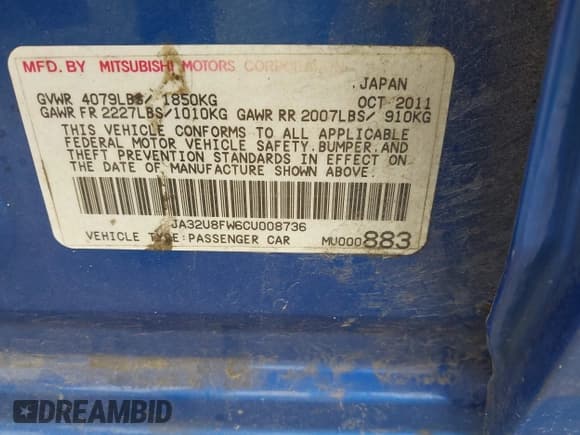 ✅ 2012 Mitsubishi Lancer GT • VIN: JA32U8FW6CU008736 • Lot: 42379676. Listed on IAAI with 159,059 mi. Free auction sales archive from the USA and detailed vehicle history report at DreamBid. Image 9.