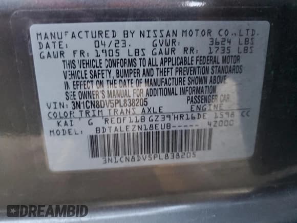 ✅ 2023 Nissan Versa S • VIN: 3N1CN8DV5PL838205 • Lot: 88449945. Listed on Copart with Not provided. Free auction sales archive from the USA and detailed vehicle history report at DreamBid. Image 13.