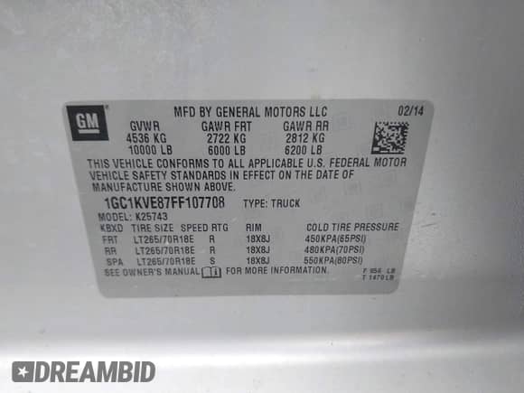 2015 Chevrolet Silverado 2500HD LT with VIN 1GC1KVE87FF107708, listed as a IAAI auction lot 43293267 with 179,538 mi miles and . Bid and sale history available at DreamBid. Image 9.