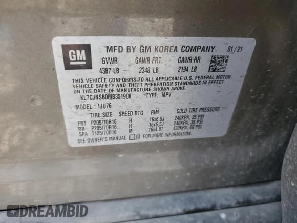 ✅ 2021 Chevrolet Trax LS • VIN: KL7CJNSB0MB351908 • Lot: 80496125. Listed on Copart with 75,349 mi. Free auction sales archive from the USA and detailed vehicle history report at DreamBid. Image 13.